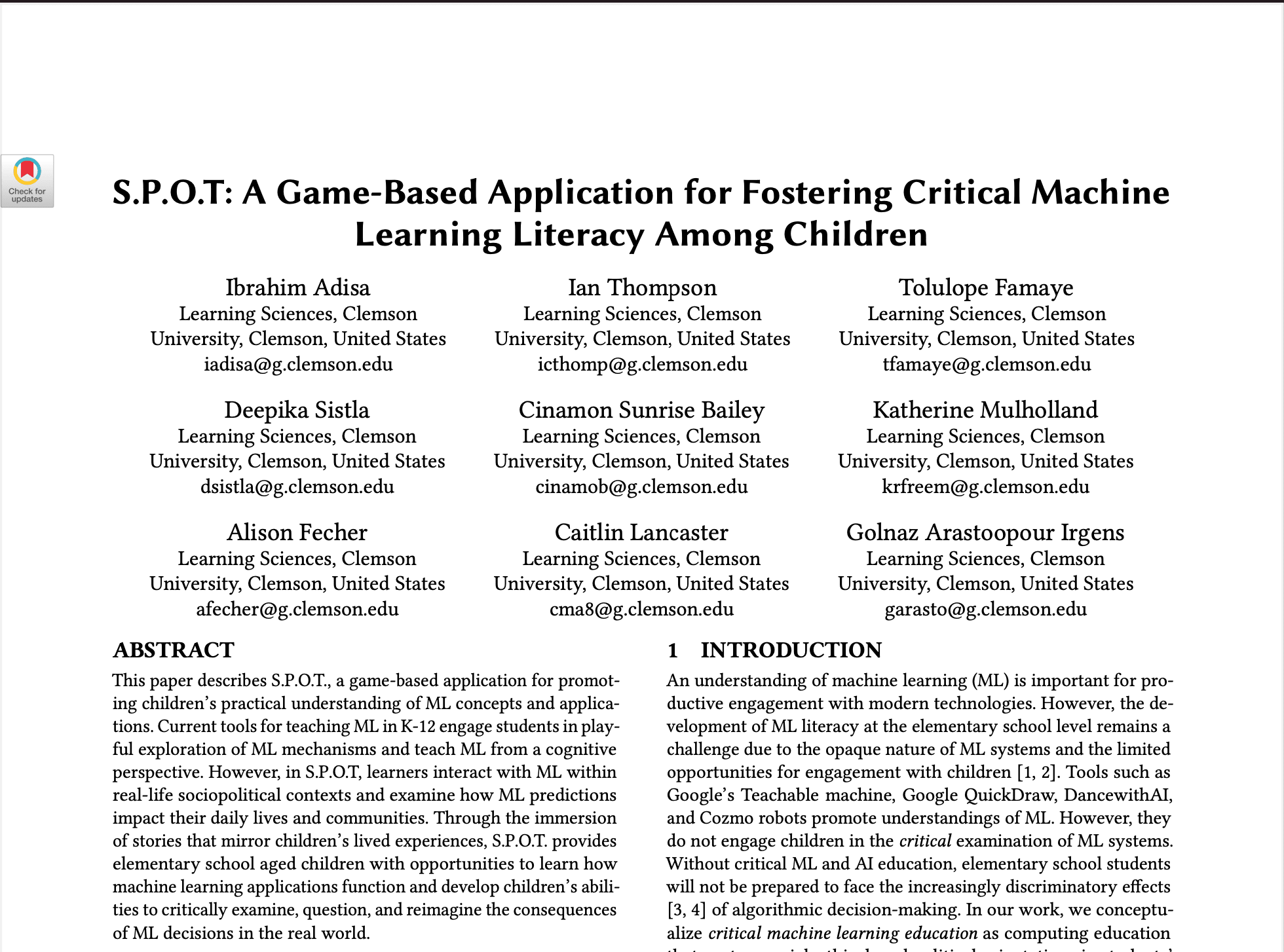 S.P.O.T: A Game-Based Application for Fostering Critical Machine Learning Literacy Among Children
